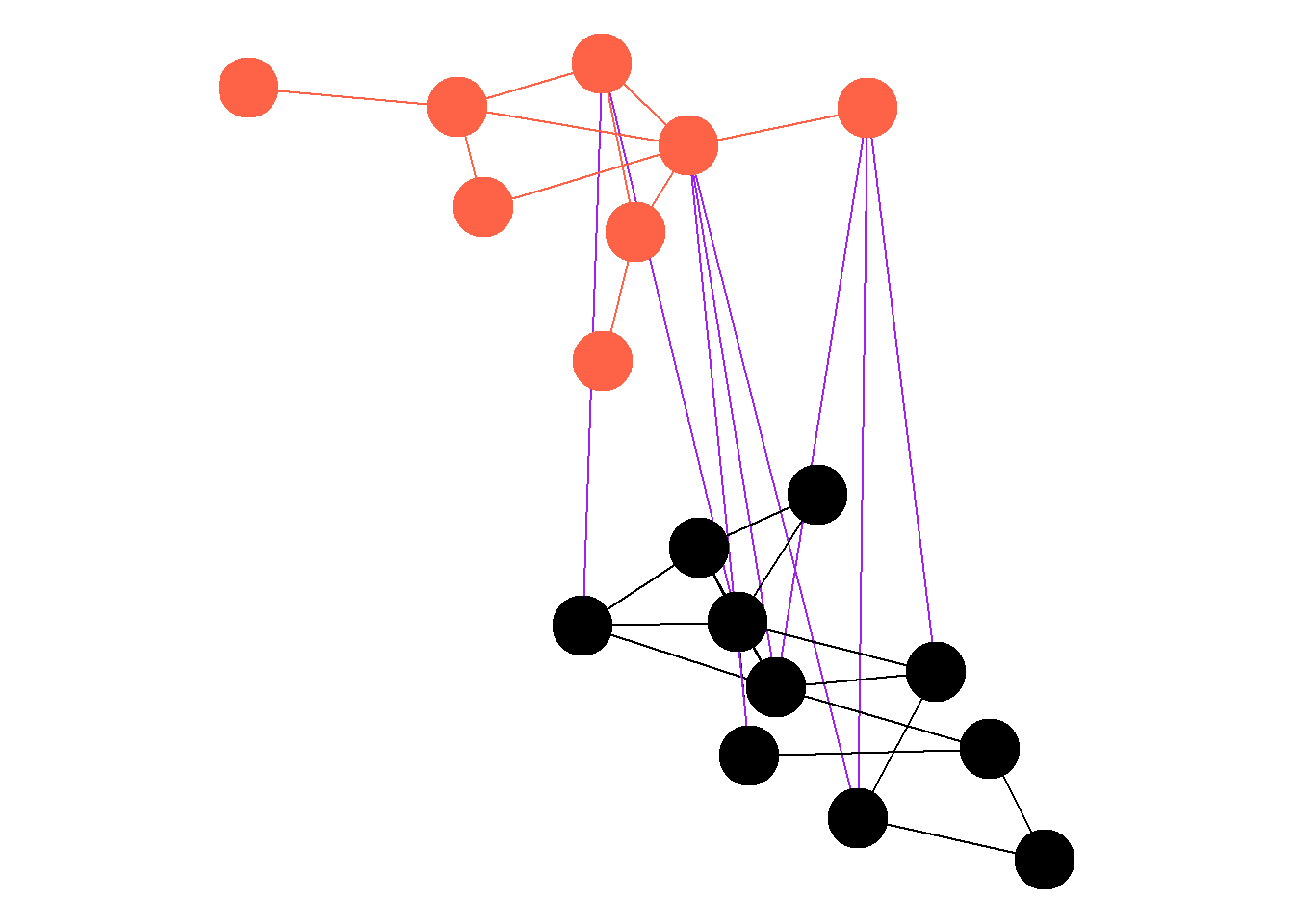 Multilevel network constructed using `igraph` and `graphlayouts` packages in `R`. Orange nodes and edges are one layer; black nodes and edges are a second layers; and purple edges indicate interlayer connections.